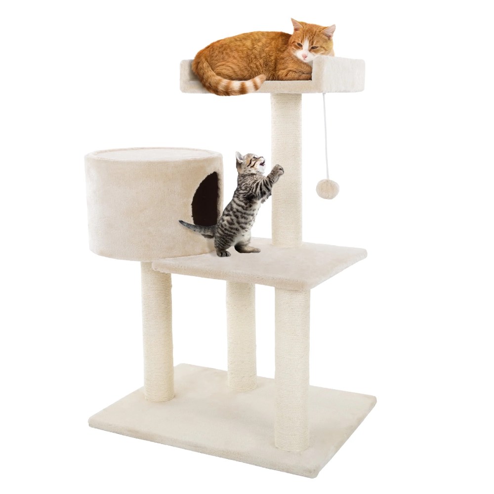 3 Tier Cat Tree- Plush Multi Level Cat Tower with Scratching Posts Perch Style Bed Cat Condo and Hanging Toy for Cats and Kittens By PETMAKER (31)
