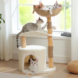 PEQULTI 38"Modern Cat Tree with Large Condo and Wood Sisal Scratching Post for Indoor Cat White