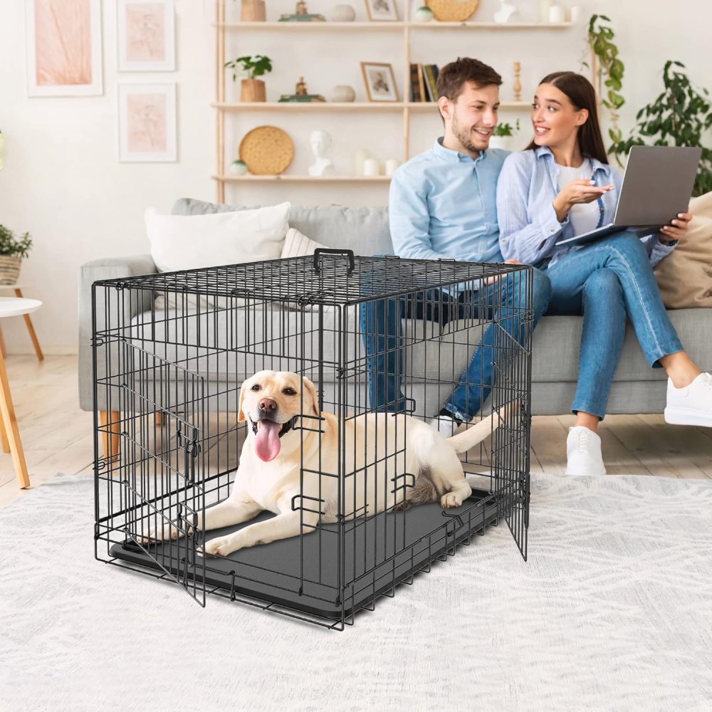 42 inch Dog Crate for Medium Large Dogs Folding Metal Dog Cage Kennel Double Door Pet Crate with Divider and Tray, Black - Image 3