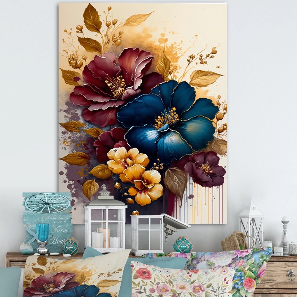 Designart Burgundy And Blue Hibiscus Bunch III Canvas Wall Art - Image 5