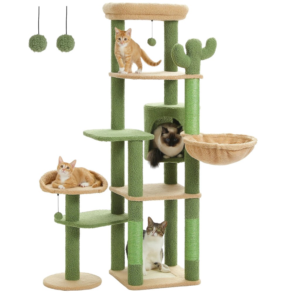 PAWZ Road 59" Cactus Cat Tree Tower with sisal Scratching Post & Large Perch for Indoor Cat Green - Image 3