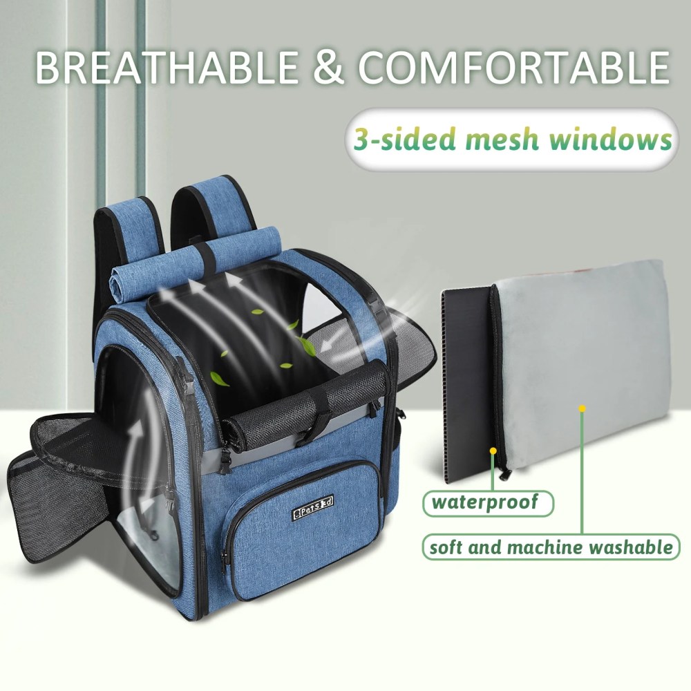 PETSKD Pet Carrier Backpack for Dogs Cats, 13x11x16.5 inches Outdoor Travel Backpack with with Safety Lock Zipperl, Large Space Foldable Backpack for Pets Under 20 lbs, Blue - Image 6