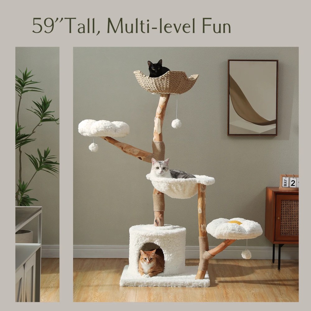 PAWZ Road 59" Modern Cat Tree Natural Branch Cat Tower Luxury Furniture with Scratching Posts for Large Cats, White - Image 9