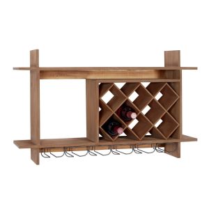 DecMode 34" x 20" Brown Wood Geometric 8 Bottle Wall Wine Rack with 6 Glass Holder Slots, 1-Piece