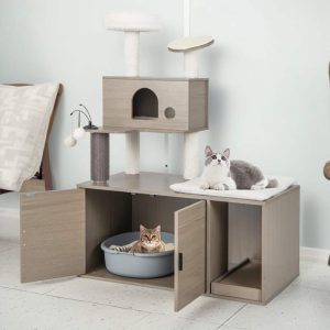 Pefilos 52" Cat Tree with Wood Litter Box Enclosure,  All-in-one Indoor Cat Furniture with Large Platform and Condo,  Modern Style Cat Tower,  Gray
