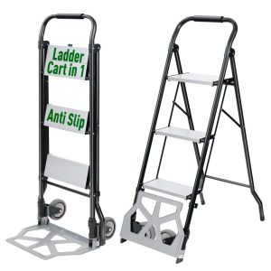 2 in 1 Step Ladder & Hand Truck, Aluminum 3 Step Stool, Folding Ladder with Anti-Slip Pedal, Heavy Duty Dolly Cart,Utility Platform Cart with Wheels