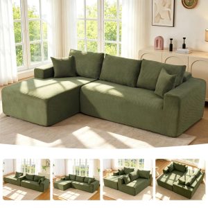 108" Cloud Couch Modular Sectional Sofa,Deep Seat Corduroy L-Shaped Couch with Chaise Lounge,No Assembly Required Upholstered Sectional Sofa for Living Room Apartment (Green,Left Facing Chaise)