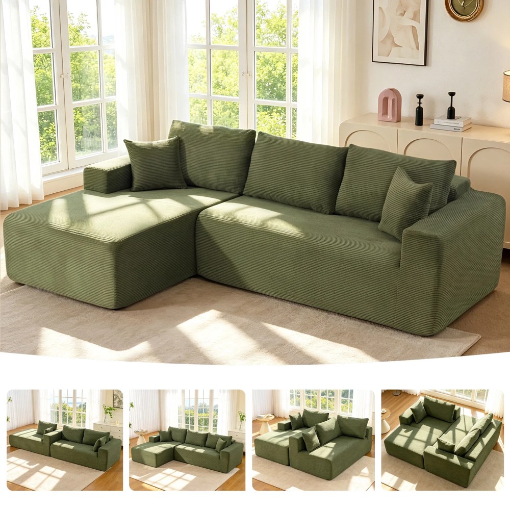 108" Cloud Couch Modular Sectional Sofa,Deep Seat Corduroy L-Shaped Couch with Chaise Lounge,No Assembly Required Upholstered Sectional Sofa for Living Room Apartment (Green,Left Facing Chaise)
