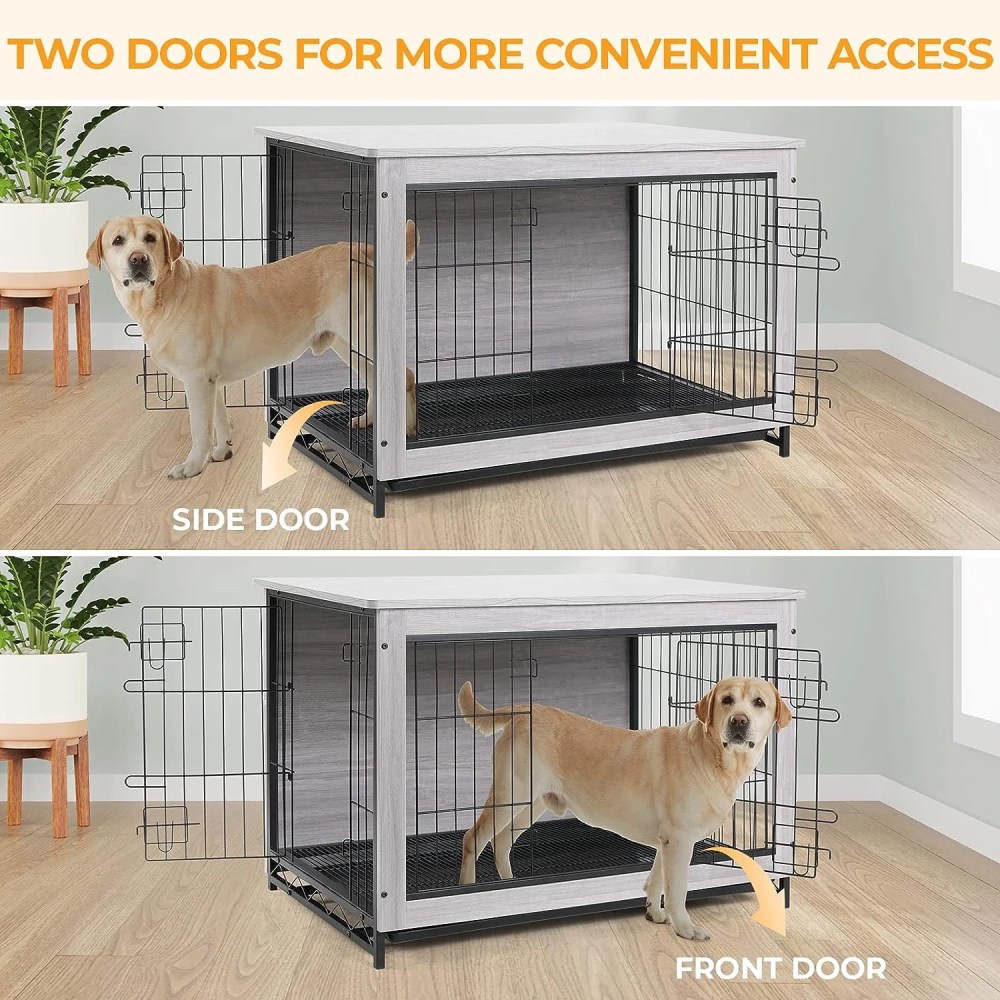 LAZY BUDDY Dog Crate Furniture, Large Dog Kennel Wooden Pet Furniture with Pull-Out Tray, Double Doors, 44.1 "L x 29.5 "W x 32.3 "H (Gray) - Image 6