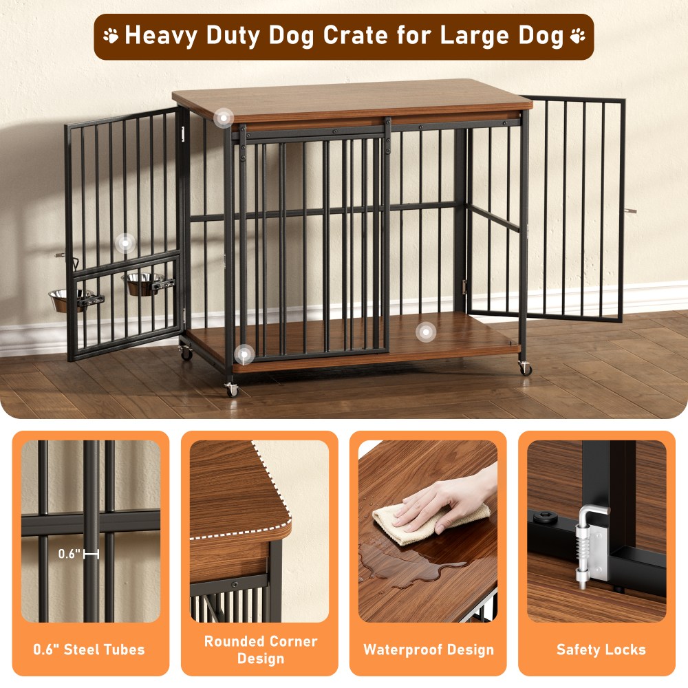 Cofiyard Dog Crate Furniture, 41" Wooden Dog Kennel Indoor with Sliding Front Door, Multi-Side Openings & Feeding Window Pet Cage House, Brown End Table, M - Image 6