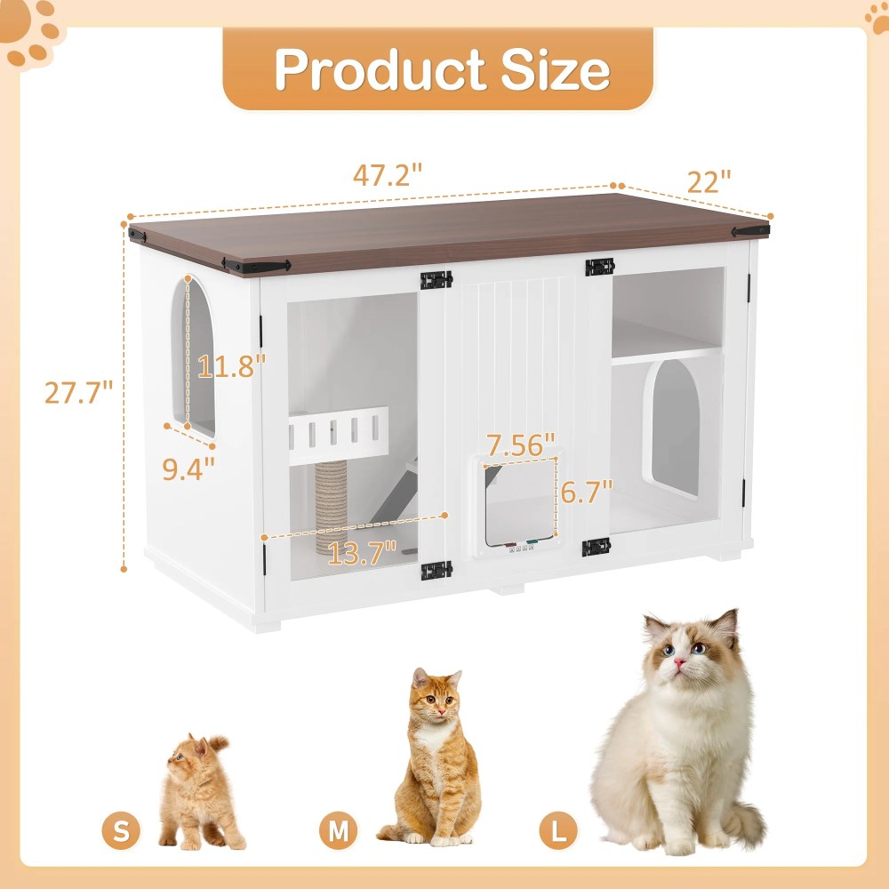 47.25" Large Cat Litter Box Enclosure with LED Light, Hidden Litter Box Furniture with Stairs and Scratching Post, Smart Locking Doors, Cat Cabinet Side Table for Living Room, White - Image 8