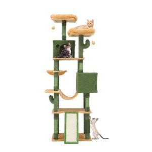 Dextrus 76" Tall Cactus Cat Tree Tower,  Large Cat Condo with Self-Grooming Brush,  Plush Platform,  Hammock,  Sisal Scratching Posts,  and Toy Balls, Green