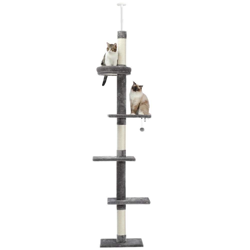 Pefilos Adjustable 90"-108" Tall Cat Tree for Indoor Cats, Multilevel Cat Tower with Sisal Scratching Posts, Floor-to-Ceiling Cat Condo for Adult Cats, Gray - Image 3
