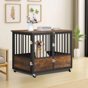 Dextrus Large Dog Crate Furniture with Wheels,  38in Rustic Heavy Duty Metal Dog Crate and Kennel for Small Medium Dogs