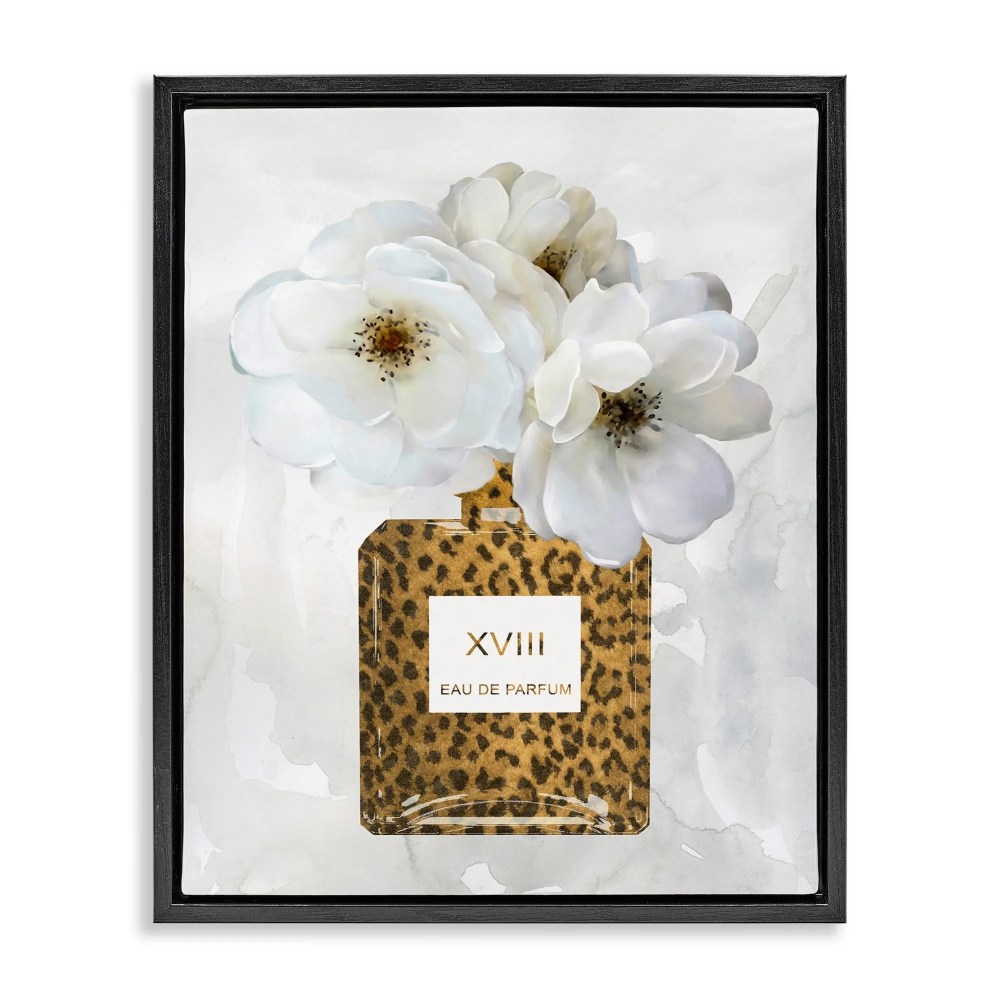 Stupell Industries Leopard Print Perfume Bottle Glam White Spring Florals Jet Black Framed Floating Canvas Wall Art, 1620, by Carol Robinson - Image 5