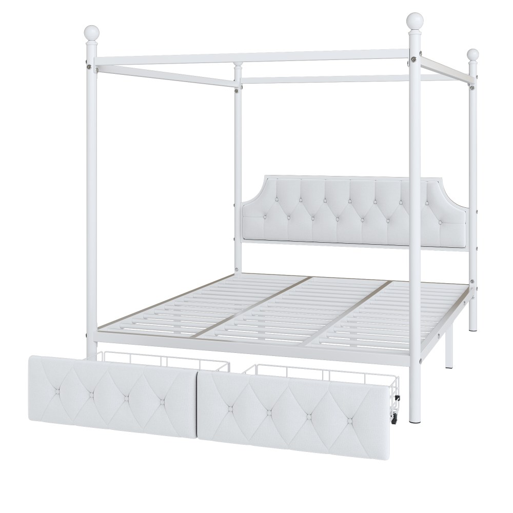 Euroco Wood Queen Size Canopy Platform Bed with Four Support Legs and 2 Drawers for Kids Teens Adults, White - Image 2