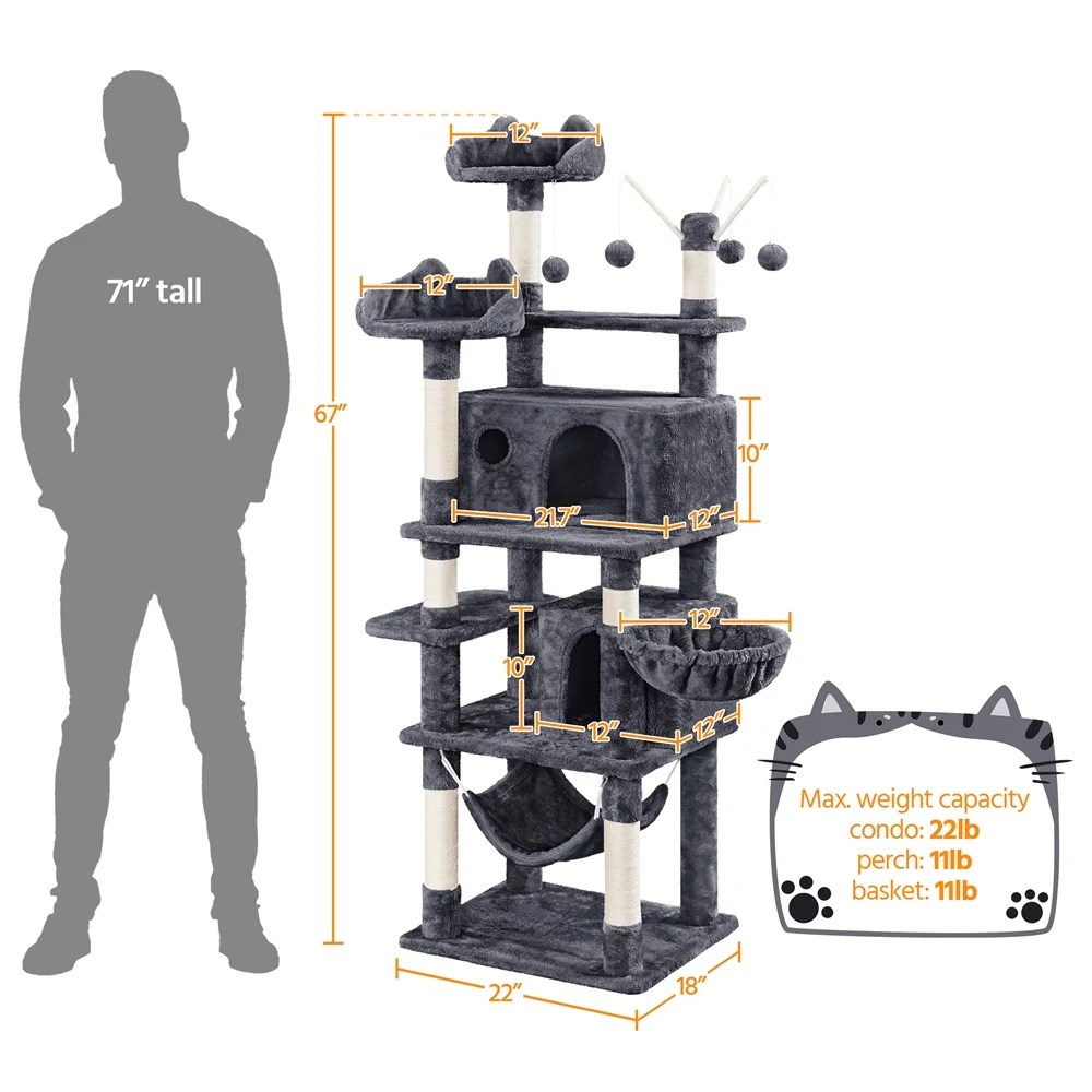 Alden Design 67" H Multi-Level Cat Tree Tower with 2 Cat Condos & Hammock Basket, Dark Gray - Image 5