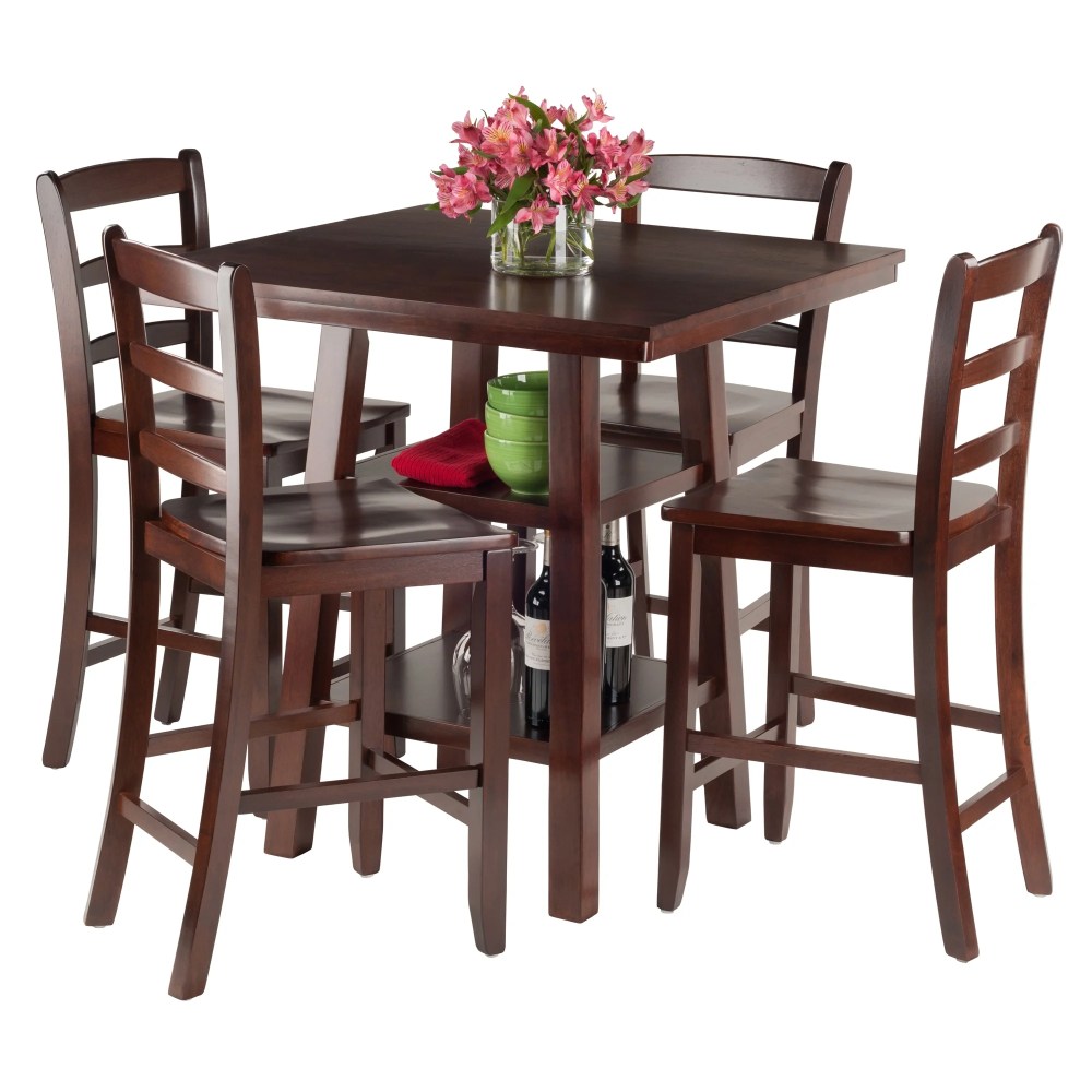 Winsome Wood Orlando 5-PC Set High Table, 2 Shelves & 4 Ladder Back Stools, Walnut Finish - Image 5