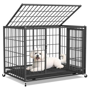 TIME RAY 38" Metal Wire Dog Crate for Large Dogs with Tray and Double Door,  Dog Cage for Yard Indoor Outdoor Use, XL Dog Cage Kennel, Black