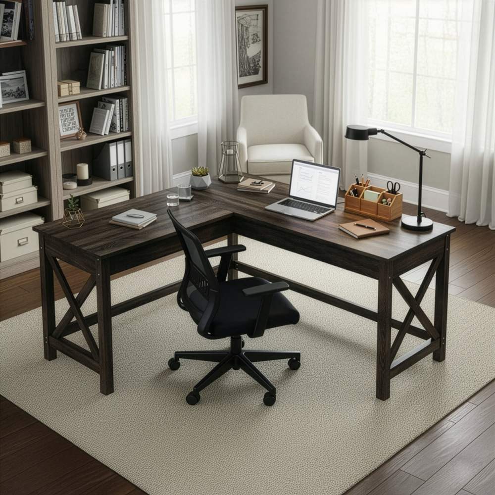 Lavish Home L-Shaped Computer Desk with X-Pattern Legs (Dark Gray Finish)