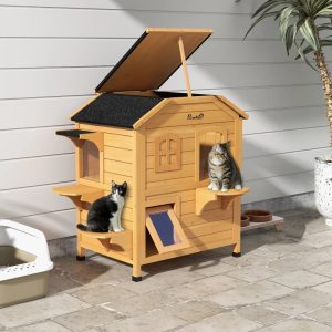 PawHut Outdoor Wooden 2-Story Cat House, Wooden Door, Openable Roof, Jumping Platforms, Natural