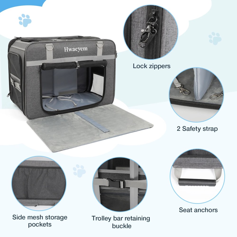 Extra Large Pet Cat Carrier with Wheels, Pet Carrier for 2 Cats or Medium Dog, 24" X 15" X 17" Portable Dog Cat Crate for Large Cat, Support up to 40 Lbs, Grey - Image 3