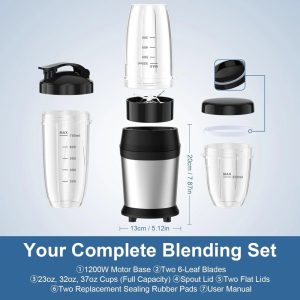 12-Piece Smoothie Blender Maker 25, 000 RPM Personal Blender for Ice Crushing Smoothies & Frozen Drinks Nuts with 23oz,32oz,37oz Portable Cups Two 6-Leaf Stainless Steel Blades,Silver