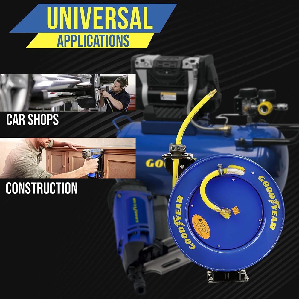 Goodyear L815153G Steel Retractable Air Compressor/Water Hose Reel with 3/8 in. x 50 ft. Rubber Hose, Max. 300PSI - Image 4
