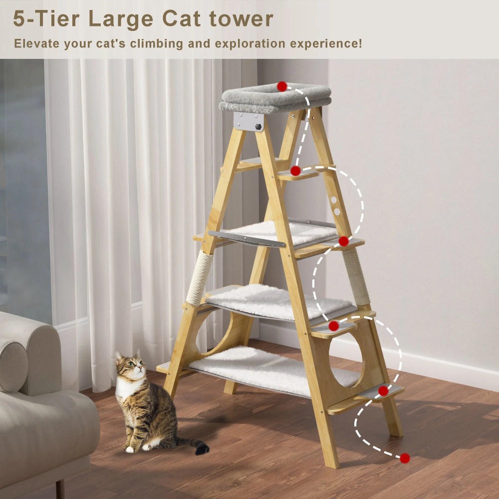 GDLF Modern Solid Wood Cat Tree Foldable Ladder Design with Cat Hammock & Sisal Scratch Post Easy Clean 60"H - Image 5