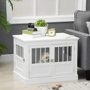 PawHut Dog Crate End Table with Triple Doors,  Wooden Dog Crate Furniture Indoor Use,  Puppy Crate for Small Dogs,  White