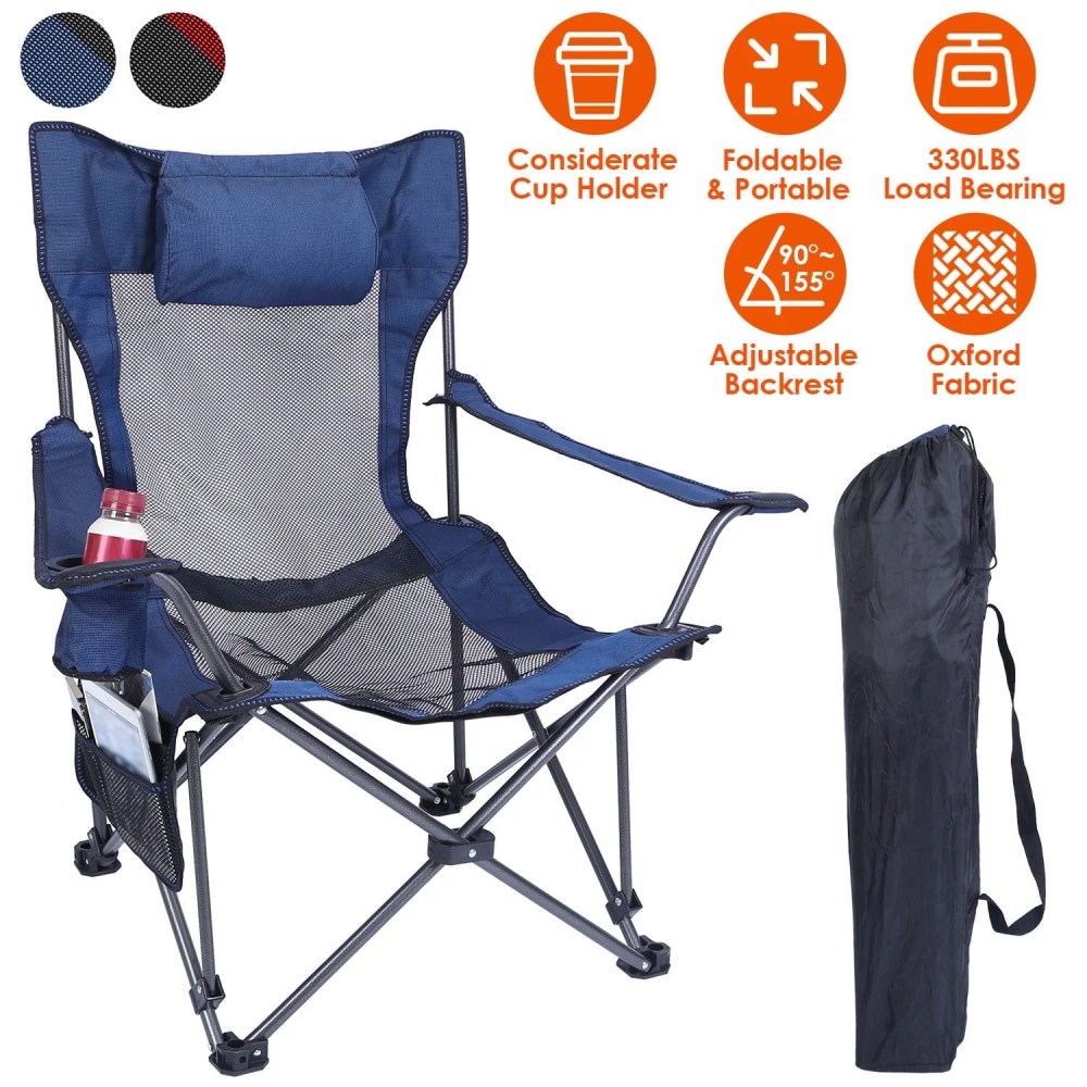 Zorpupoa Portable Camping Chair, Heavy Duty Steel Folding Reclining Chair 330lbs Load with Reclining Backrest Angle Cup Holder for Camping Fishing, Blue
