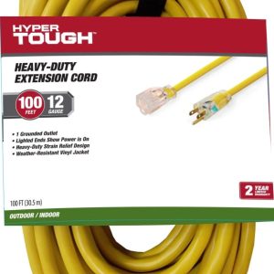 Hyper Tough 12AWGX3C 100ft Indoor and Outdoor Heavy Duty Yellow Vinyl Extension Cord