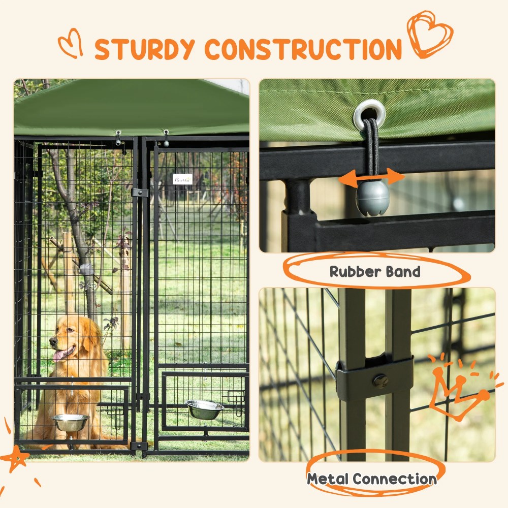PawHut 8" x 4" x 6" Outdoor Dog Kennel with Rotating Bowl Holders, Walk-in Pet Playpen, Welded Wire Steel with Water and UV-Resistant Canopy, Green - Image 8