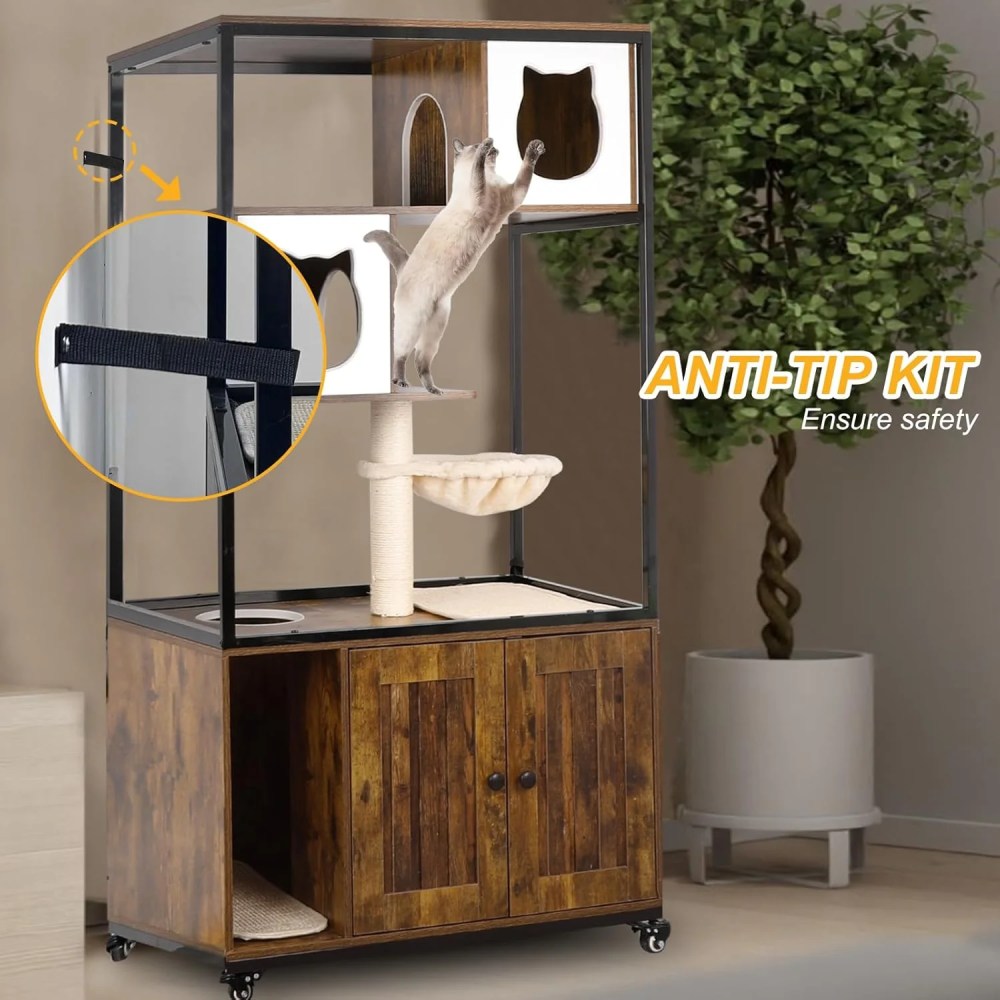PETSCOSSET Cat Tree with Hidden Litter Box Enclosure, Climbing Platforms, Condo Hammock, and Scratching Post - Image 4