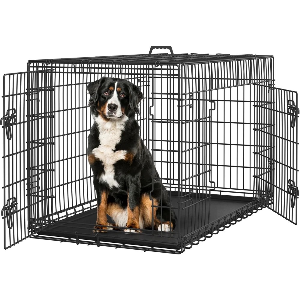 Yaheetech 48.2 inch Foldable Metal Dog Crate Kennel for Large Dogs, 2 Doors, Divider, Pull-out Tray, Black