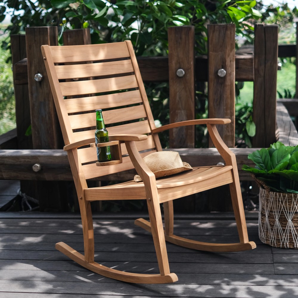 Logan Solid Teak Outdoor Rocking Chair with Bottle Holder, Natural Teak - Image 6