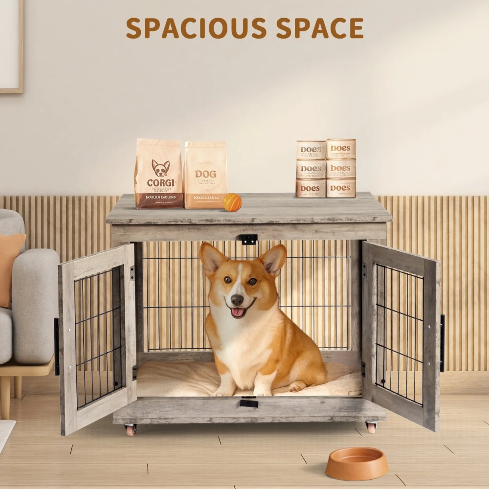 Zimtown 31In Indoor Dog Crate Furniture, Double Door Wooden Pet Cage with Removable Tray, End Table, Light Gray - Image 3