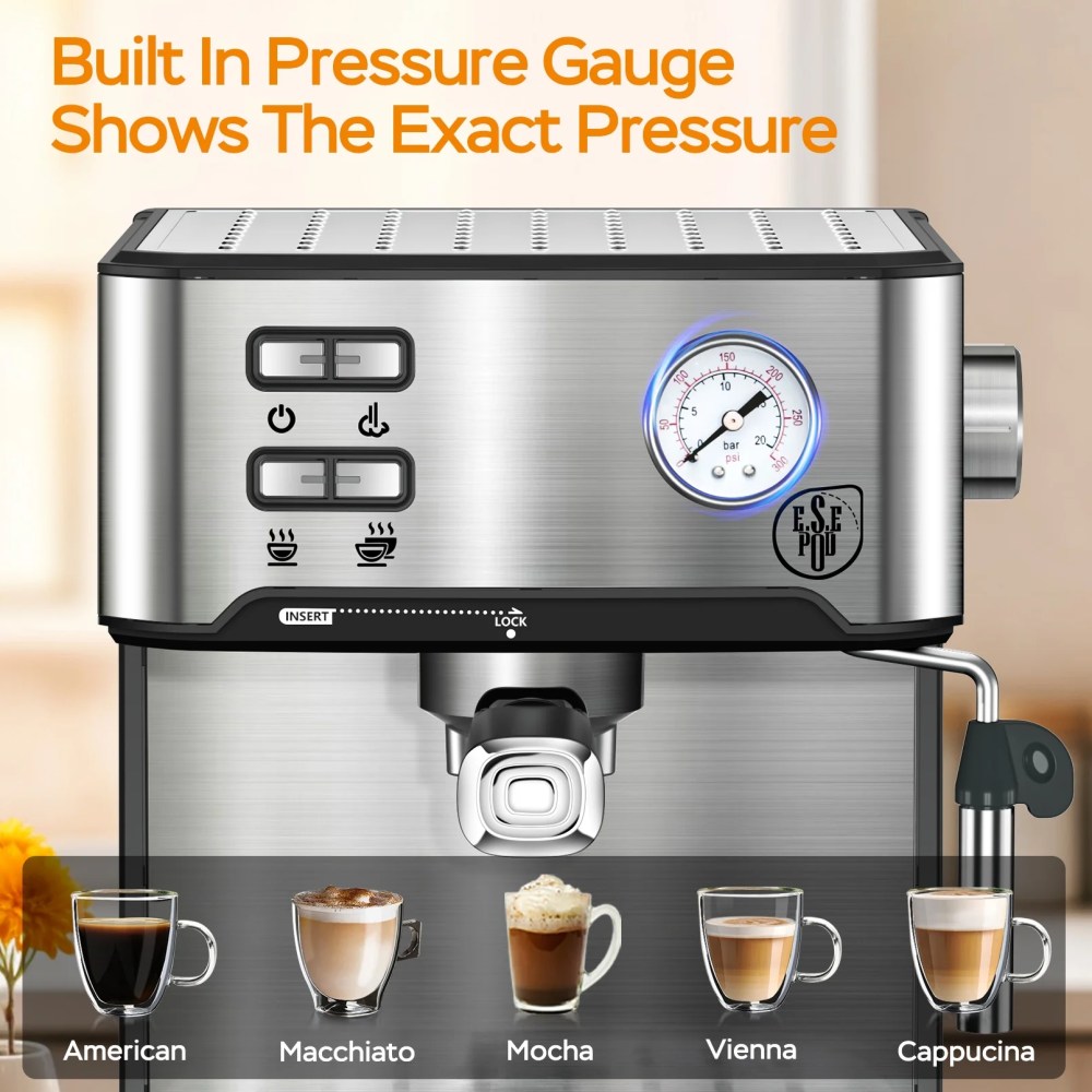 Plum Chef 20 Bar Espresso Machine with Built-in Pressure Gauge, Professional Coffee Maker for Cappuccino & Latte, ESE POD Compatible, 1.5L Water Tank, Stainless Steel, 950W - Image 2