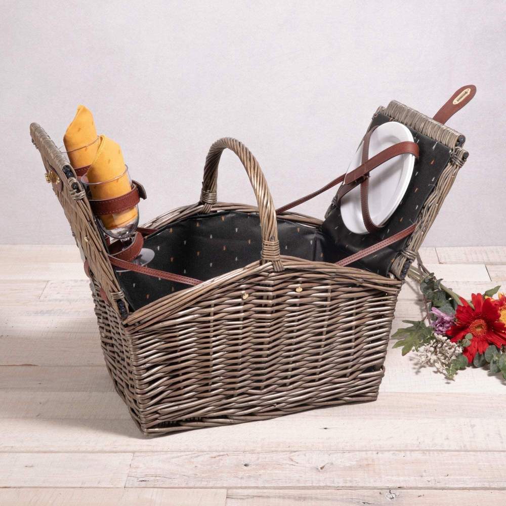 Picnic Time Piccadilly Vintage English-Style Wicker Picnic Basket for 2 with Complete Deluxe Service and Double-Lid Design, Anthology Collection-Gray with Gold Accents