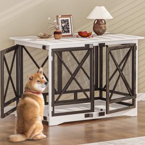 48 inch Extra Large Dog Crate Furniture, Double Door Indoor Kennel, End Side Table Wooden Dog Crates, Anti-Chew Anti-Escape,  White