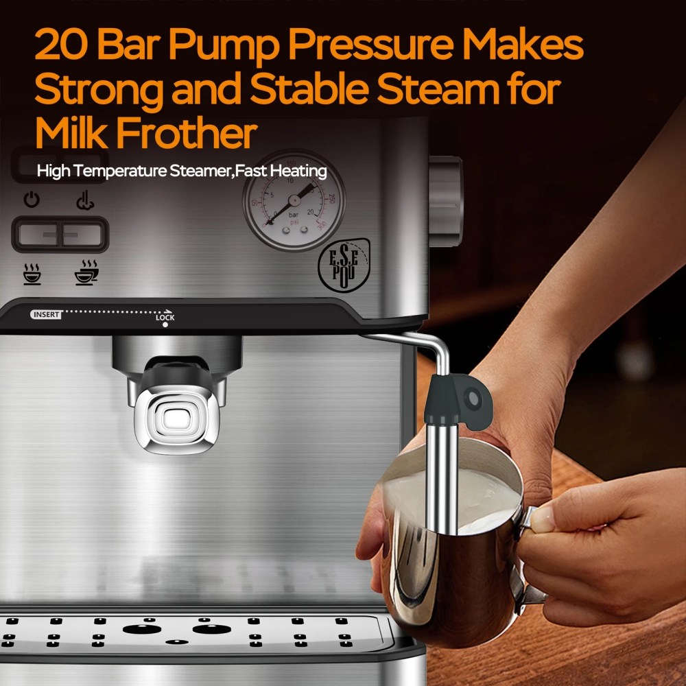Plum Chef 20 Bar Espresso Machine with Built-in Pressure Gauge, Professional Coffee Maker for Cappuccino & Latte, ESE POD Compatible, 1.5L Water Tank, Stainless Steel, 950W - Image 9
