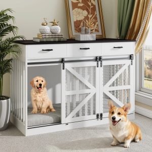 Casendy Dog Crate Furniture with Adjustable Divider for 2 Dogs,  Heavy Duty Dog Kennels with 3 Drawers and Sliding Doors,  Media Console Dog Cage for Living Room,  White