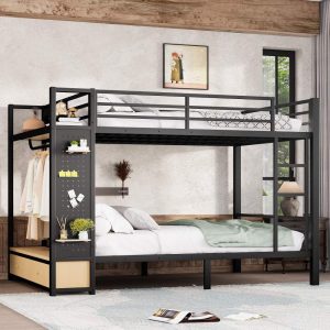 Yoneston Queen Over Queen Size Metal Bunk Bed with Pegboard and 2 Drawers & 2 Storage Shelves,Heavy Duty Platform Bed with Safety Guard Rails for Bedroom Dorm,Black