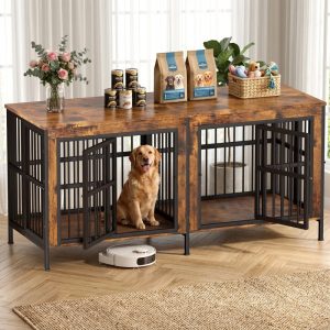 YOKWOK 78 Inch Dog Crate Furniture for Large Dogs with Sturdy Removable Divider,  Extra Large Double Doors Dog Kennel Furniture, Thick Wooden Dog cage Furniture,  Brown