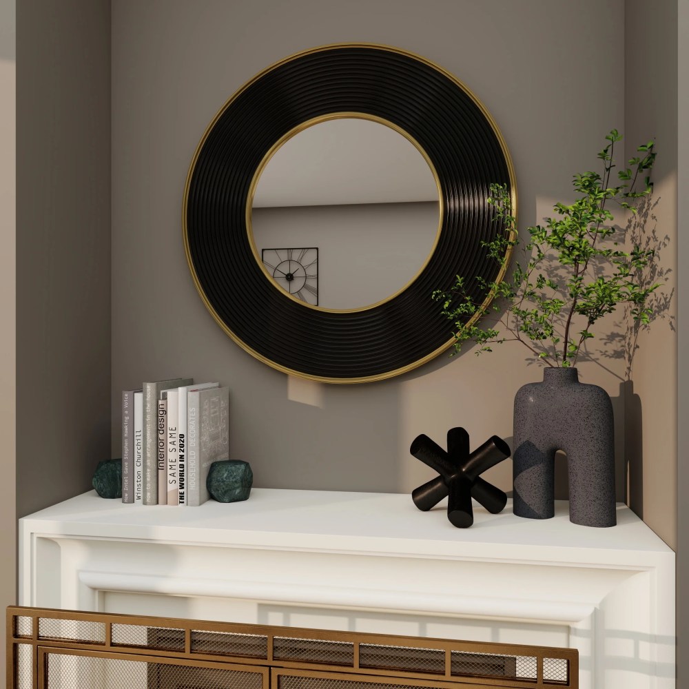 CosmoLiving by Cosmopolitan 35" x 35" Black Ribbed Wall Mirror with Gold Edges - Image 9