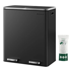 16 Gallon Dual Trash Can,Rubbish Bin,Hinged Lids Airtight,Metal,Black