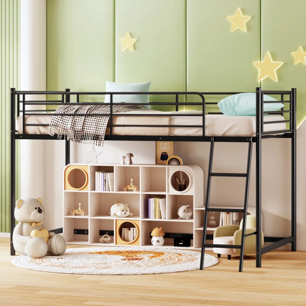 Zimtown Junior Metal Twin Loft Bed,Black