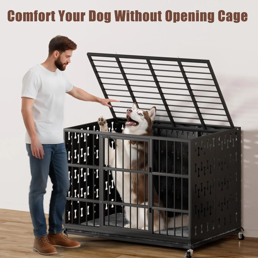 Waleaf 48 inch Heavy Duty Indestructible Dog Crate, Escape Proof Dog Cage with Enclosed Design, High Anxiety Dog Crate for Large Dogs, Lockable Wheels and Removable Trays, Large - Image 5