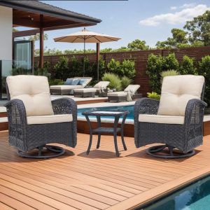 Abble 3 Pieces Patio Furniture Set,Swivel Rocking Outdoor Patio Conversation Set Wicker Rattan Seating Group Set with Beige Cushions,Dark Brown