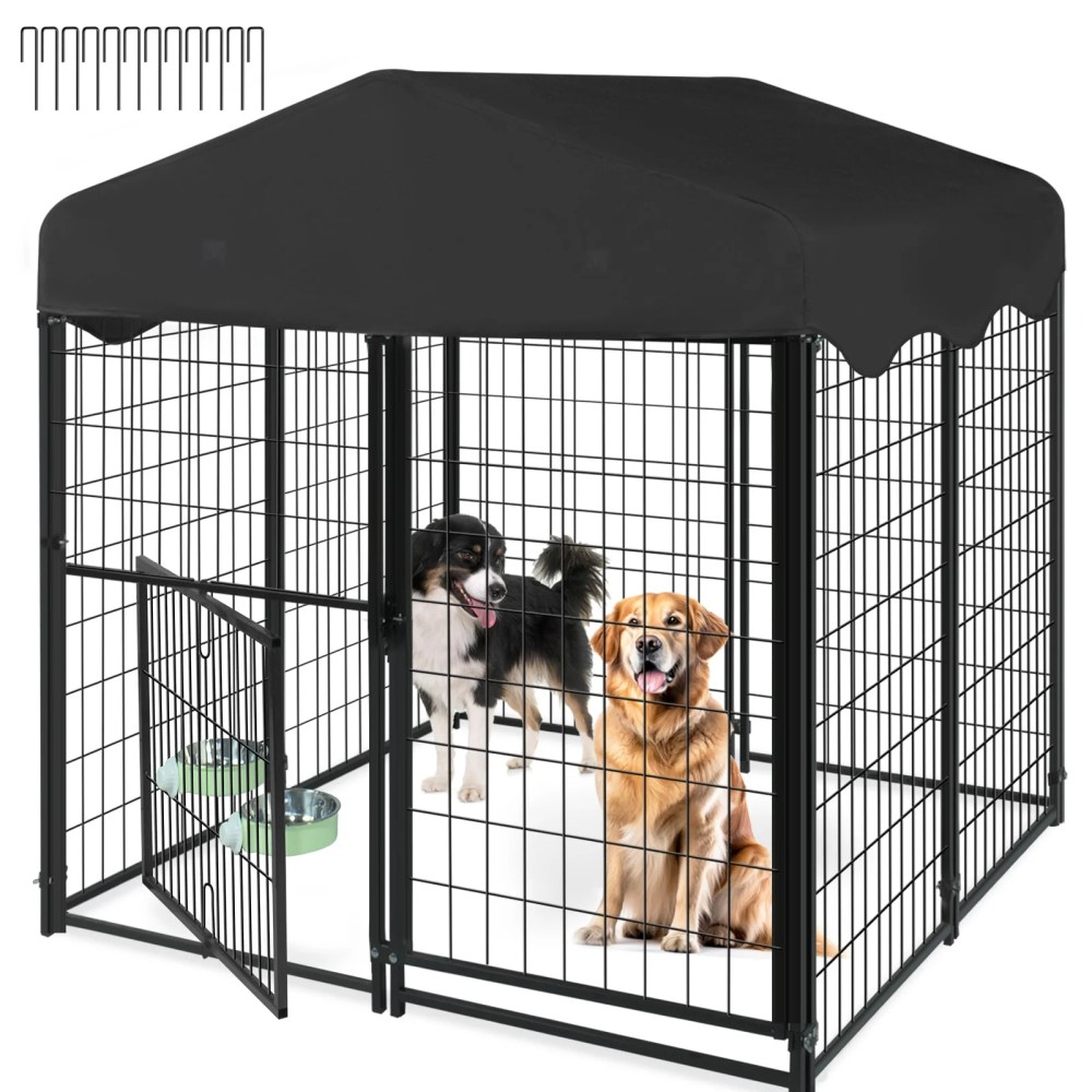 Jhsomdr Outdoor Dog Kennel, 4.2ft x 4ft x 4.5ft Welded Wire Dog Cage Dog Crate with Rotating Feeding Door and Bowls, Heavy Duty Large Dog Kennel Dog Run Enclosure with UV-Resistant Oxford Cloth Roof - Image 6